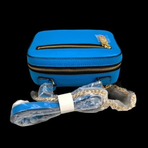 NWT Milly Bright Blue Gold Genuine Pebbled Leather Mini Satchel Purse Handbag - Picture 7 of 12